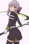  black_legwear braid gloves grey_hair hiiragi_shinoa looking_at_viewer looking_back nananichi orange_eyes owari_no_seraph scythe sidelocks skirt smile solo thighhighs white_gloves zettai_ryouiki 