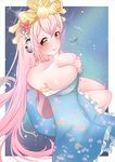  aki_sakura bare_shoulders blush breasts cleavage collarbone commentary_request hair_ornament headphones highres japanese_clothes kimono kimono_pull large_breasts long_hair looking_at_viewer nitroplus obi off_shoulder pink_hair red_eyes sash smile solo super_sonico 