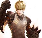 black_sclera blonde_hair clenched_hands collared_shirt cyborg earrings embers foreshortening genos jewelry male_focus mechanical_arms mistermagnolia one-punch_man shirt solo upper_body yellow_eyes 
