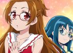  :3 :o bespectacled blue_eyes blue_hair brown_hair dokidoki!_precure glasses hairu heartcatch_precure! kurumi_erika long_hair looking_at_viewer looking_back madoka_aguri multiple_girls myoudou_gakuen_middle_school_uniform precure red_eyes sailor_collar white_sailor_collar 