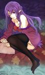  bad_id bad_pixiv_id bare_shoulders black_legwear blue_eyes breasts caster cleavage earrings fate/grand_order fate/stay_night fate_(series) highres jewelry long_hair looking_at_viewer medea@nae medium_breasts mole mole_under_eye necklace one_eye_closed panties pointy_ears purple_hair sitting solo thighhighs underwear white_panties 