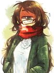  /\/\/\ 1girl breath brown-framed_eyewear brown_hair cyclops glasses green_eyes hands_in_pockets jacket long_hair looking_at_viewer messy_hair muroku_(aimichiyo0526) one-eyed original red_scarf scarf simple_background solo two-tone_background upper_body very_long_hair white_background yellow_background 