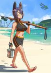  aircraft airplane beach bike_shorts breasts bucket commentary_request covered_nipples day fingerless_gloves flip-flops gloves hair_over_one_eye headgear kantai_collection large_breasts mikoyan mirai_shounen_conan navel palm_tree polearm purple_hair sand sandals smile solo spear swimsuit tank_top tenryuu_(kantai_collection) tree weapon yellow_eyes 