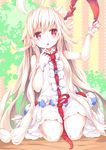  :o bare_shoulders blush choko_(last_period) dress finger_to_mouth gloves kneeling last_period long_hair looking_at_viewer red_eyes sleeveless solo umagenzin very_long_hair white_gloves white_hair 