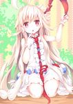  1girl :o bare_shoulders blush choko_(last_period) commentary_request dress finger_to_mouth gloves kneeling last_period long_hair looking_at_viewer red_eyes sleeveless solo umagenzin very_long_hair white_gloves white_hair 