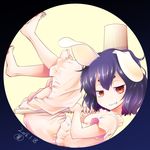 animal_ears aozora_market barefoot black_hair bunny_ears full_moon inaba_tewi looking_at_viewer lying mallet moon naughty_face on_back pink_shirt pink_skirt red_eyes shirt short_hair short_sleeves skirt solo touhou 