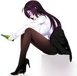  :o ahoge beifeng_han black_footwear black_hair black_jacket black_skirt blush bottle breasts brown_legwear from_side full_body glowing glowing_eyes grey_background high_heels holding holding_bottle jacket jacket_removed large_breasts long_hair long_sleeves md5_mismatch miyaura_sanshio off_shoulder office_lady open_mouth original outstretched_arms pantyhose pencil_skirt profile purple_eyes shirt shoes simple_background sitting skirt sleeves_folded_up solo very_long_hair white_background white_shirt 