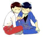  alternate_costume bad_id bad_pixiv_id black_hair blush brothers chin_stroking closed_eyes indian_style jumpsuit male_focus matsuno_karamatsu matsuno_osomatsu mitsu_yomogi multiple_boys osomatsu-kun osomatsu-san siblings sitting smile tied_sleeves 