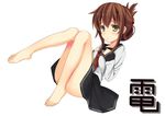  barefoot brown_eyes brown_hair character_name feet folded_ponytail full_body hands_on_own_chest highres inazuma_(kantai_collection) kantai_collection legs long_hair looking_at_viewer nahoyoshi school_uniform serafuku sidelocks simple_background skirt solo white_background 