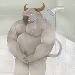  bath biceps big_muscles blush bovine buffalo chococlass covering covering_crotch embarrassed horn male mammal musclegut muscular nipples nude shower smile solo species: tatto teeth 