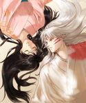  1girl black_hair closed_eyes eyelashes facial_mark inuyasha japanese_clothes kimono long_hair niko_(silent.whitesnow) older parted_lips pointy_ears rin_(inuyasha) rotational_symmetry sesshoumaru silver_hair upper_body upside-down 