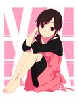  arm_behind_head asahina_hiyori barefoot black_eyes black_hair black_legwear closed_mouth dress from_side full_body kagerou_project knees_up legs_together looking_at_viewer pink_dress sekina sitting solo 