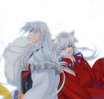 animal_ears armor backlighting brothers fur_trim half-closed_eyes inuyasha inuyasha_(character) jewelry leaning_on_person long_hair multiple_boys necklace parted_lips pearl_necklace petals pointy_ears profile sesshoumaru siblings silver_hair tokiko_(psychopomp) very_long_hair white_background white_hair yellow_eyes 
