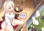  1girl albino animal architecture bad_id bad_pixiv_id bangs barefoot black_shorts blush box breasts bunny cardboard_box cat cleavage commentary_request cookie cushion dog east_asian_architecture eyebrows eyebrows_visible_through_hair food from_above grass long_hair long_sleeves medium_breasts messy_hair mizuki-chan_(sasahara_wakaba) off_shoulder on_floor open_mouth original purple_eyes rock sasahara_wakaba shirt shorts sitting sleeping sliding_doors snack solo speech_bubble stuffed_animal stuffed_toy surprised tray turtle wariza white_hair white_shirt wooden_floor 