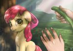  2015 amber_eyes apple_bloom_(mlp) bow duo earth_pony equine female feral friendship_is_magic fur grass hair hi_res horse hose human looking_at_viewer mammal mrs1989 my_little_pony outside pony red_hair sad tree water wet_hair yellow_fur 