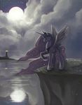  2015 blue_feathers blue_fur blue_hair blush cliff cloud crown cutie_mark equine eyes_closed feathered_wings feathers female feral friendship_is_magic fur grass hair hi_res horn jewelry lighthouse mammal moon mrs1989 my_little_pony necklace outside princess_luna_(mlp) reflection sky solo spread_wings star water winged_unicorn wings 