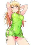  ahoge armpits arms_behind_head arms_up bangle bangs blonde_hair blush bracelet closed_mouth cowboy_shot dress from_below green_dress green_eyes heart highres hoshii_miki idolmaster idolmaster_(classic) jewelry long_hair looking_at_viewer o-ring panties pantyshot shiny shiny_clothes short_dress side_slit simple_background skin_tight sleeveless sleeveless_dress smile solo standing star thighs tight tsurui underwear upskirt white_background 