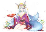  animal_ears bare_legs bare_shoulders breasts cleavage cup fang flower fox_ears fox_tail hair_ornament hand_up headdress japanese_clothes kimono long_hair medium_breasts mitsuki_(p&amp;d) mo_(k40633) multiple_tails open_mouth petals purple_eyes puzzle_&amp;_dragons sakazuki sarashi silver_hair sitting slit_pupils solo tail wariza white_background 