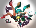  1girl aqua_eyes aqua_hair bike_shorts copyright_name domino_mask falling gun hair_ornament hide448 highres holding holding_weapon ink_tank_(splatoon) inkling long_sleeves looking_at_viewer mask paint_splatter shoes single_vertical_stripe sneakers solo splatoon_(series) splatoon_1 sprinkler sprinkler_(splatoon) squidbeak_splatoon tentacle_hair turtleneck twitter_username vest weapon 