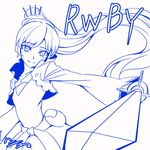  artist_name belt blue copyright_name cropped_jacket earrings h-new high_collar holding holding_sword holding_weapon jewelry left-handed lineart long_hair long_sleeves monochrome myrtenaster necklace pendant ponytail rapier rwby scar scar_across_eye side_ponytail signature smile solo sword tiara weapon weiss_schnee wide_sleeves 