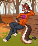  &lt;3 bench blue_eyes brown_fur brown_nose brown_tail canine clothed clothing collar detailed_background female fur hair mammal outside red_hair sitting sky solo tree vallhund watermark 