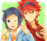  blue_eyes blue_hair food gundam gundam_build_fighters iori_sei male_focus multiple_boys one_eye_closed open_mouth red_hair reiji_(gundam_bf) sekina smile 