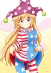  &gt;:) aki_chimaki american_flag_dress american_flag_legwear blonde_hair blush clownpiece cowboy_shot dress dress_lift fairy_wings fang fang_out frilled_shirt_collar frills hat jester_cap long_hair looking_at_viewer neck_ruff pantyhose polka_dot purple_eyes simple_background smile solo standing striped striped_dress striped_legwear touhou v-shaped_eyebrows very_long_hair wings 