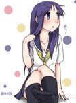  black_legwear hinata_yukari hot kneehighs long_hair open_mouth pleated_skirt purple_eyes purple_hair school_uniform school_uniform_(yuyushiki) serafuku sitting skirt solo sweat twitter_username usui_ryuusan yuyushiki 