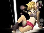  abstract_background blonde_hair brown_fur clothed clothing earbuds feline female fur hair headphones looking_at_viewer lynx mammal multicolored_fur pose reclining solo two_tone_fur yellow_eyes zeiro 