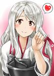  blush hairband hairband_removed hakama_skirt headwear_removed heart highres japanese_clothes kamelie kantai_collection long_hair long_sleeves looking_at_viewer muneate shoukaku_(kantai_collection) silver_hair smile solo speech_bubble spoken_heart 