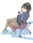  commentary_request full_body hayakawa_pao shoes short_hair simple_background sitting sneakers solo 