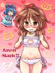  bell bell_choker blue_dress blue_hair blush bra brown_eyes brown_hair cat_ear_panties cat_lingerie choker cleavage_cutout closed_eyes dress flat_chest glasses hair_ornament hair_rings hair_stick heart jingle_bell kaku_seiga low_twintails meme_attire minigirl multiple_girls navel open_clothes open_mouth open_vest panties pote_(ptkan) red-framed_eyewear shawl side-tie_panties smile sweat touhou translated trembling twintails underwear usami_sumireko vest white_bra white_panties 