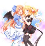  black_legwear blonde_hair blue_eyes blush dress garter_straps highres holding_hands long_hair multiple_girls one_eye_closed open_mouth original pantyhose petticoat red_eyes ringo_yuyu skirt smile thighhighs very_long_hair white_legwear wings 