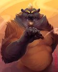  anthro bear cigar fangs fur grin hairy kleinebar kuzuri looking_at_viewer male mammal musclegut muscular pose slightly_chubby smoke smoking solo standing tuft 