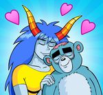  &lt;3 2014 anthro bear black_nose blue_background blue_hair blue_skin breasts clothing curtsibling digital_media_(artwork) duo eyebrows eyelashes eyes_closed eyewear female fur glasses hair homestuck horn humanoid long_hair male mammal megaskank_mansion ms_paint_adventures nails shirt simple_background smile tom_preston troll trollslut 