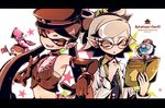  2girls alternate_costume aori_(splatoon) bespectacled black_hair book bracelet brown_eyes cat choker domino_mask dress_shirt echizen_(splatoon) elbow_gloves fang glasses gloves grey_hair hat holding hotaru_(splatoon) jacket jajji-kun_(splatoon) jewelry keijou_(cave) labcoat leather leather_gloves leather_jacket long_hair mask mole mole_under_eye multiple_girls necktie pointy_ears shirt short_hair sleeveless sleeveless_shirt splatoon_(series) splatoon_1 squid tentacle_hair upper_body 