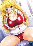  blonde_hair blush breasts cleavage fangs fumihiko_(pixiv2658856) highres ishikei_(style) jacket large_breasts long_hair one-piece_swimsuit original solo swimsuit swimsuit_under_clothes 