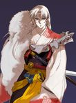 armor blue_background facial_mark forehead_mark fur_trim inuyasha japanese_clothes kimono long_hair looking_at_viewer male_focus niko_(silent.whitesnow) pointy_ears ribbon sesshoumaru simple_background solo sword weapon white_skin wide_sleeves yellow_ribbon 