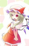  :d aozora_market arms_behind_back ascot blonde_hair bow capelet fang flandre_scarlet hands_clasped hat hat_bow highres looking_back mob_cap open_mouth own_hands_together red_eyes skirt skirt_set slit_pupils smile solo touhou vest wings 