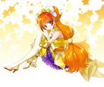  amanogawa_kirara bare_shoulders boots choker cure_twinkle earrings go!_princess_precure highres jewelry long_hair magical_girl orange_hair precure purple_eyes red_hair sitting smile solo star star_earrings starry_background thigh_boots thighhighs tiara twintails very_long_hair yone 