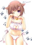  ;p animal_ears bell bell_choker blush breasts brown_hair cat_cutout cat_ears cat_lingerie choker cleavage cleavage_cutout daidai_jamu hair_ornament hairclip jingle_bell large_breasts looking_at_viewer md5_mismatch meme_attire navel one_eye_closed original panties paw_pose purple_eyes short_hair side-tie_panties solo tongue tongue_out twitter_username underwear white_background white_panties 