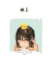  bad_id bad_pixiv_id brown_eyes brown_hair cum facial glasses hair_bobbles hair_ornament hjl licking looking_at_viewer original rubber_duck solo 