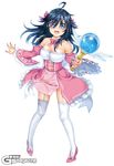  :d absurdres ahoge bare_shoulders black_hair blue_eyes blush breasts cleavage detached_sleeves foreshortening frilled_sleeves frills full_body garter_straps hair_ribbon highres hisasi large_breasts long_hair looking_at_viewer netoge_no_yome_wa_onna_no_ko_janai_to_omotta? open_mouth ribbon skindentation smile solo standing strapless tamaki_ako thighhighs wand white_background white_legwear wide_sleeves 