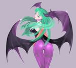  animal_print aqua_eyes aqua_hair ass bangs bare_shoulders bat_print blunt_bangs demon_wings floating_hair green_eyes green_hair grey_background half-closed_eyes head_wings kagetomo_seiko leotard long_hair looking_back morrigan_aensland pantyhose pointy_ears print_legwear purple_legwear simple_background solo thigh_gap thong_leotard vampire_(game) wings 