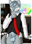  5_fingers animal_genitalia anthro balls blue_eyes blue_hair book canine chair chest_tuft claws clothed clothing detailed_background fangs fur grey_fur hair inner_ear_fluff mammal necktie open_mouth penis sheath suggestive table teasing teeth truegrave9 tuft undressing wolf 