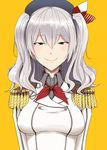  beret birii blue_eyes breasts buttons epaulettes hair_between_eyes hat jacket kantai_collection kashima_(kantai_collection) kerchief looking_at_viewer medium_breasts military military_uniform sidelocks silver_hair smile solo twintails uniform wavy_hair yellow_background 