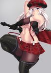  alisa_ilinichina_amiella blue_eyes boots breasts elbow_gloves fingerless_gloves gloves god_eater god_eater_burst hat holding holding_weapon kuchibue_(tanima_club) long_hair looking_at_viewer medium_breasts navel pantyhose silver_hair skirt solo suspender_skirt suspenders sword thigh_boots thighhighs underboob weapon 