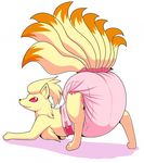  ambiguous_gender diaper feral fur kurikia looking_at_viewer multiple_tails ninetales nintendo pok&eacute;mon red_eyes simple_background smile solo video_games yellow_fur 