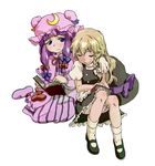  blonde_hair blue_bow blush book bow braid closed_eyes colored_eyelashes dress full-face_blush full_body hair_ribbon hat hat_removed headwear_removed kirisame_marisa leaning_on_person long_hair mary_janes mob_cap multiple_girls open_book patchouli_knowledge puffy_short_sleeves puffy_sleeves purple_hair red_bow red_ribbon ribbon shoes short_sleeves side_braid smile socks striped striped_dress touhou tress_ribbon vanilla_(nekomist) vertical-striped_dress vertical_stripes white_background white_legwear 