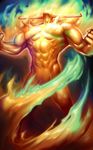 abs clenched_hand fire highres horns male_focus muscle pose pyron rampage_(leedash2) shirtless solo vampire_(game) 